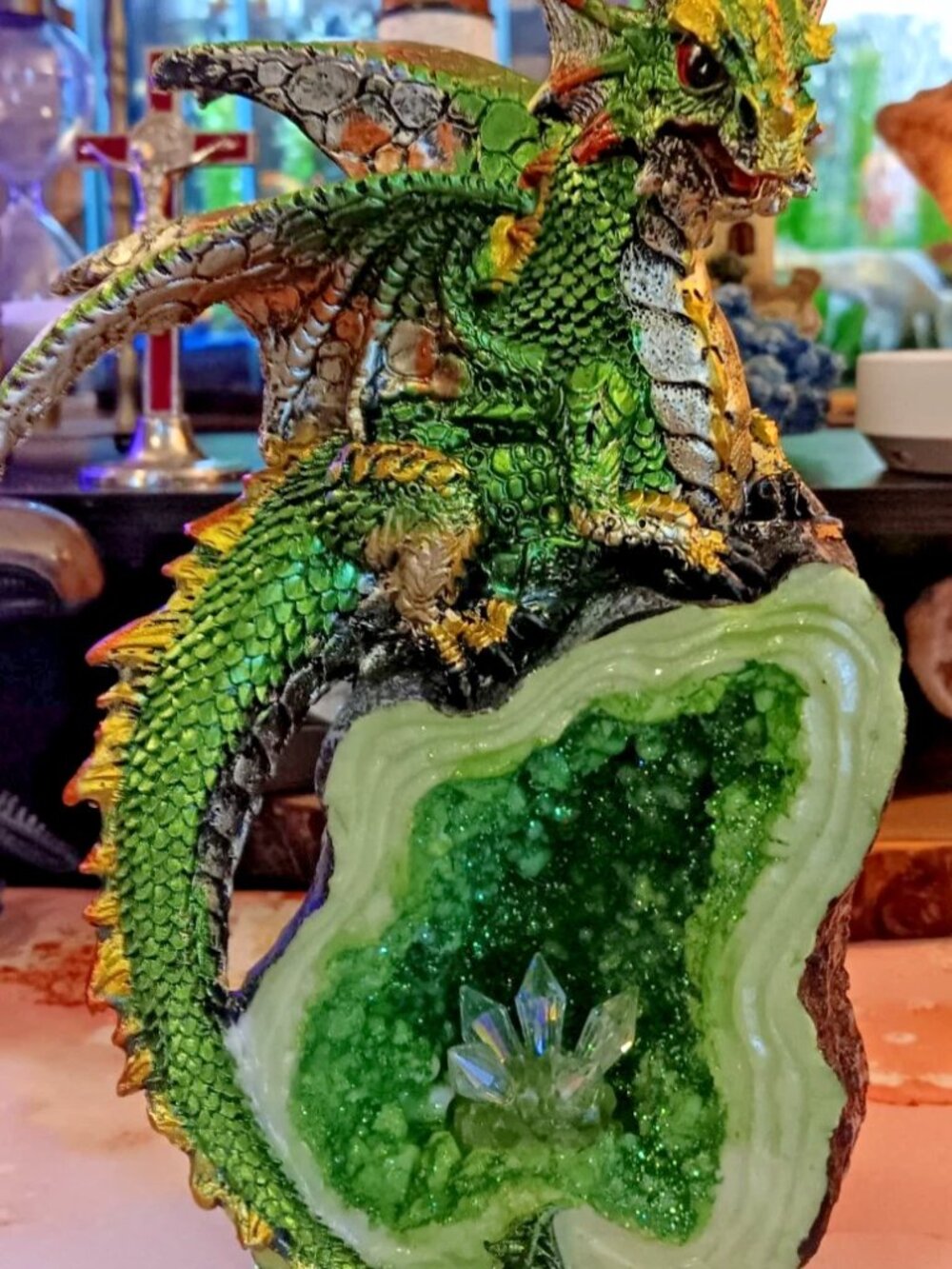 Green Dragon with Faux Crystal 8" Fantasy Figure Gorgeous ! New! Very Unique !